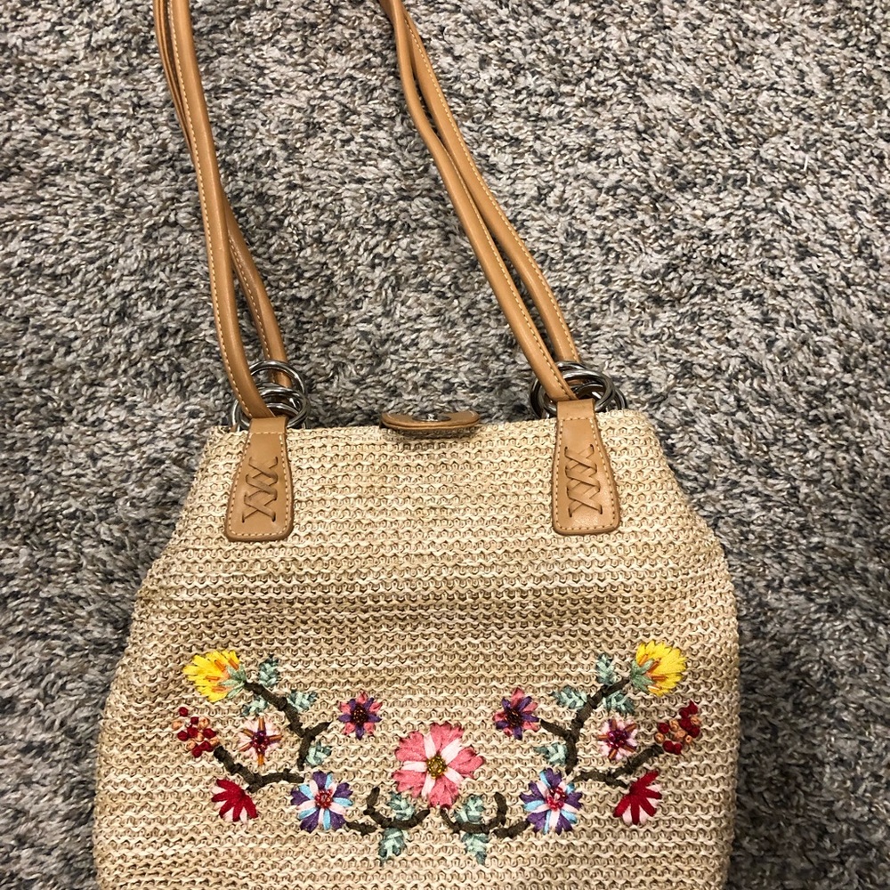 Floral Embroidered Tan Woven Bag
